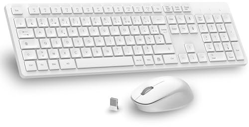 LeadsaiL Clavier Souris sans Fil, Ergonomique Ensemble Clavier de Souris Pleine Taille, 2,4 GHz avec Récepteur USB, 12 Boutons Programables pour PC, Portable, Windows, Mac AZERTY Français-Blanc