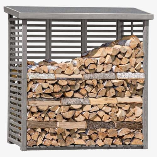 Mega Holz Kaminholzregal FLAMMO L mit Rückwand und Dach für Außen aus Kesseldruckimprägniertem Holz in grauem Farbton 208x75x200 cm (BxTxH) Brennholzlager