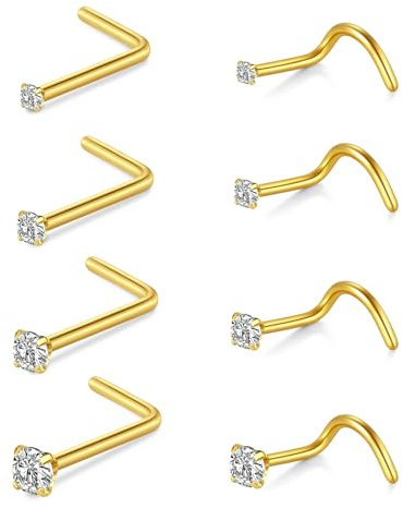 AceFun nose stud,8pcs 20G nose stud gold nose stud L-shaped nose piercing surgical steel diamond small nose stud for women men corkscrew nose piercing stud screw