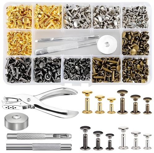 AGSYFFD Lot de 360 rivets pour cuir, rivets en métal à double capuchon, 4 couleurs, rivets de 12 mm, 8 mm, 6 mm, 4 outils de montage avec pince perforatrice pour bricolage, réparation et décoration de