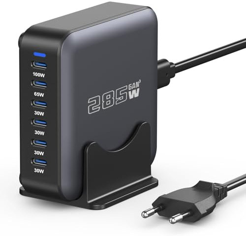 285W USB C Ladegerät Mehrfach, 6 Ports Schnellladegerät GaN Netzteil Ladestation, PD+QC Desktop Power Adapter 100W Typ C Anschlüsse Laptop Charger Kompatibel mit MacBook/iPhone 16/Galaxy S23 und mehr