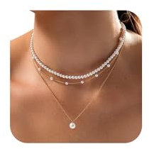 RYMAUP Goldene Perlenkette für Damen, 14 Karat vergoldet, mehrlagiges Perlen-Halsband, Perlenohrringe, Perlenarmbänder, trendiges Goldschmuckset für Damen als Geschenk