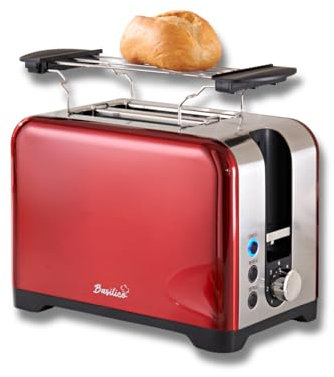 Basilico® Toaster rot-metallic Edelstahl 2 Scheiben Toaster mit 7 Bräunungsstufen – inklusive Auftau- & Aufwärmfunktion – Krümelschublade und separater Aufsatz für Brötchen, Croissants usw. (780-930W)
