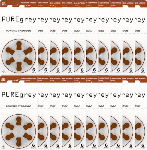 PUREgrey Lot de 120 piles pour appareils auditifs type 312 - Piles conçues pour une performance maximale - Pack de 20 blisters de 6 piles auditives - Code couleur marron 1,45 V