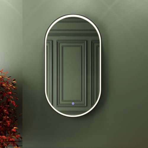 Planetmöbel GLORA Badspiegel mit Beleuchtung 50 x 90 cm, Spiegel mit Rahmen, 3 Lichtstufen (3000-6000k), mit Touchschalter, dekorativer Wandspiegel groß, für Badezimmer, Flur oder Garderobe, oval