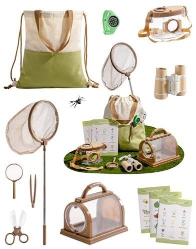 ROBOTIME 12-Piece Outdoor Explorer & Bug Catcher Kit for Kids 3+, Green | Binoculars, Butterfly Net, Ventilated Bug Box, Magnifying Glass, Compass, Watch and Carry Bag, Outdoor Adventure Set Gift