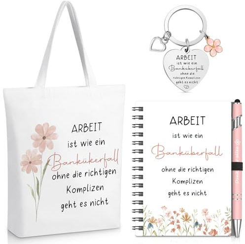 Sinmoe Geschenk für Kollegen, Arbeit ist wie ein Banküberfall | Dankeschön Geschenke Kollegin, Abschiedsgeschenk für Kollegen Mitarbeiter, Tasche, Spiral Notizbuch Stift, Schlüsselanhänger