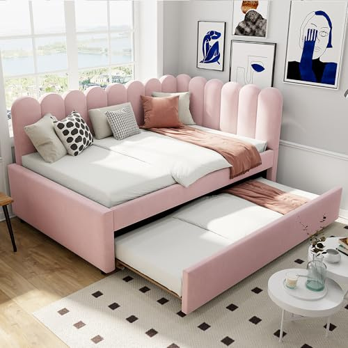 Ligterra L-förmiges Polsterbett, Schlafsofa 140x200 cm mit geblümter Rückenlehne und Ausziehbett in beigem Samtstoff (Rosa)