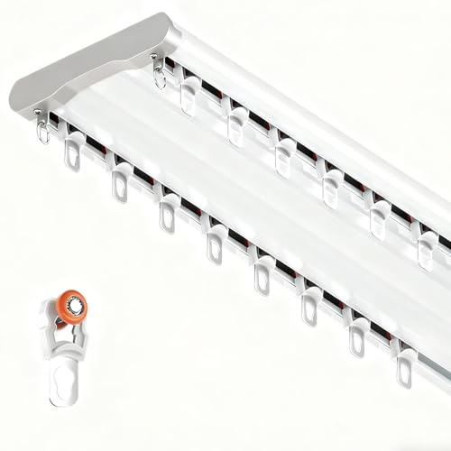 Gardinenschiene Deckenmontage Gardinenstange mit Innenlauf 2-läufig Vorhangschiene Farbe Edelstahl Wandmontage Innenlaufstange aus Metall Endstück Kappe(White,2.30m/7.5ft)