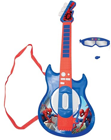 LEXIBOOK, Spider-Man Guitarra Electrónica, K260SPLXB | Micrófono y gafas, 2 modos de juego, canciones demo, entrada MP3