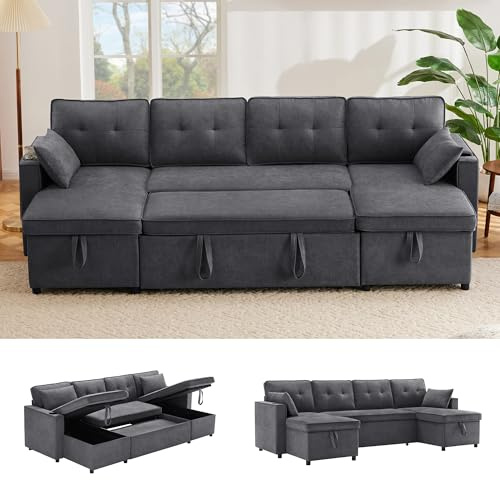 Bladez Sofá cama en forma de L con almacenamiento, portavasos, chaise longue intercambiable, moderno, para salón, de algodón y lino (Gris, 4 plazas)