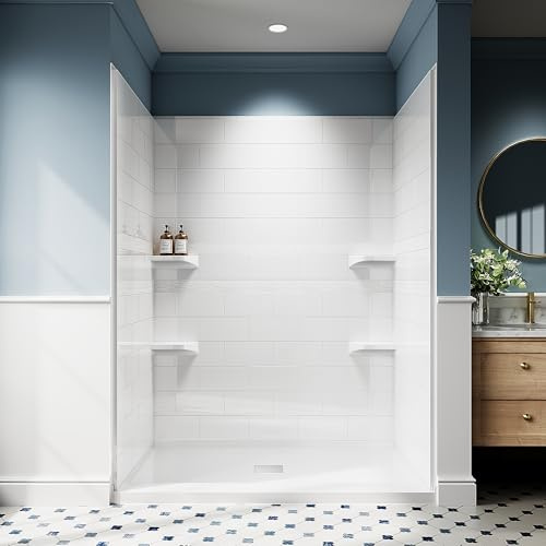 AquivaCoast Shower Wall Panels, 36D x 60W x 78H, 1 Thick Solid Surface 4-Panel Shower Surround Kit, Waterproof, Glossy White Subway Tile Design, Drill Installation Required, with Built-in Shelf