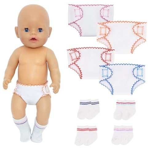 4 Doll Diapers 4 Pairs Doll Socks for 14-17 Inch Baby Dolls, Cute Doll Accessories for Baby Dolls 30-43cm, Doll Diaper Set for 43cm Dolls, Pretend Play, Reusable Doll Accessories, Gifts