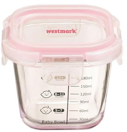 Westmark Glas-Frischhaltedose Baby Bowl – Eckige Aufbewahrungsbox für Babynahrung mit Skala aus hochwertigem Borosilikatglas, spülmaschinengeeignet – 200 ml