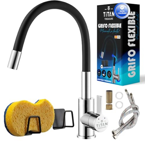 Grifo de Cocina Flexible 360° – Monomando de Acero Inoxidable, Giratorio Antisalpicaduras, Agua Fría y Caliente, Instalación Fácil sin Fontanero, Fregadero Doble, Torneira Cozinha