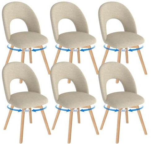 WAFTING Esszimmerstühle drehbar Polster Holzbeine 6er Set,Hellbraun | 360° drehbar, dicker Leinenstoff mit luftdurchlässiger durchbrochener Rückenlehne, geeignet für Esszimmer, Küche, Wohnzimmer