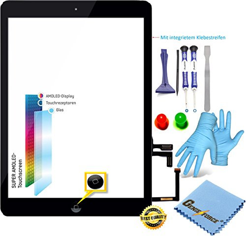 GENIE FORCE O.E.M. Retina Touchscreen Glas Digitizer SCHWARZ für iPad Air 5. Generation Display, mit LVA Flexkabel, Homebutton - inkl. 9-in-1 Profi Werkzeugsset von Best® - SCHWARZ Black - NEU