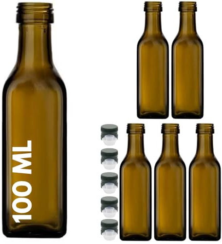 acquaverde | 5 Bottiglie Marasca in Vetro Scuro Uvag, Bottiglia per Campioncini di Olio e Liquori da 100 ml con Tappo Dosatore