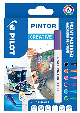 Pilot – Pintor, Set Creative Mix, Packung mit 6 Filzstiften, mehrere Stifte auf Wasserbasis, schnelltrocknend – Textil, Glas, Holz, Stein, DIY – feine Spitze – kreative Farben