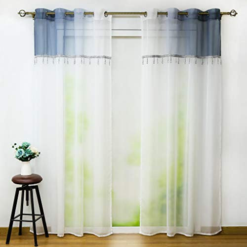 Joyswahl Voile Gardine transparenter Vorhang mit Perlen Dekorativ Schals mit Farbverlauf Design Fenster Vorhänge BxH 140x145cm Grau 2 Stück