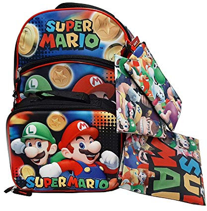 Super Mario 5-teiliges Rucksack-Set mit Lunchbox, Gadget-Tasche, Cinch-Sack und Snack-Pack, Schwarz, Modern