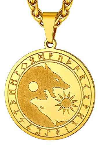 Richsteel Mens Necklaces Brother Gifts Gold Plated Chain Viking Jewellery for Men Yin Yang Wolf Necklace