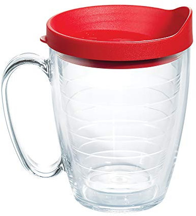 Tervis Clear & Colorful Lidded Made in USA Double Walled Insulated Tumbler Travel Cup Keeps Drinks Cold & Hot, 16oz Mug, Red Lid