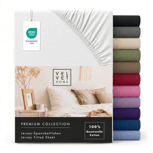 VelvetHome Spannbettlaken 180x200cm Jersey 100% Baumwolle, Weiß | Spannbetttuch 180x200 für Matratzen & Topper bis 25 cm, gekämmte Baumwolle, OEKO-TEX, weich atmungsaktiv bügelfrei elastisch
