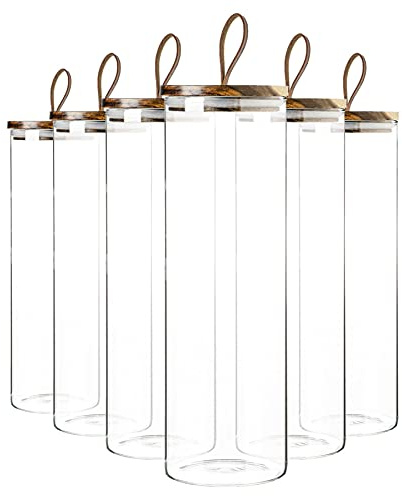 Argon Tableware Scandi Storage Jars with Leather Loop Lids - 2000ml - 6 Pack - Modern Round Organisation Container Glass Jar for Kitchens, Pantry, Bathrooms, Utility Rooms