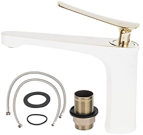 Robinet Lavabo Salle de Bain, Robinet de Lavabo G1/2, Mélangeur d'eau Chaude et Froide, Mitigeur de Lavabo de Salle de Bain Moderne Monotrou Monté sur Pont (Blanc + Or)