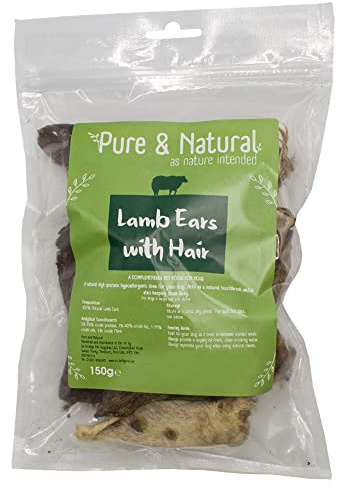 Pure & Natural Lamb Ears with Hair - Lamb Dog Chew Natural, High Protein, Low Fat, Hypoallergenic, Promotes Dental Health, Ideal for All Ages - 150g Bag