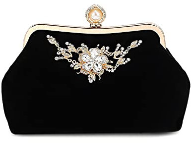 DIRRONA Elegante Kettentasche Damen Clutch Bag Jährliches Treffen Brauttasche Damen Handtaschen Prom Party Rhinestone Flower Decoration Schwarz