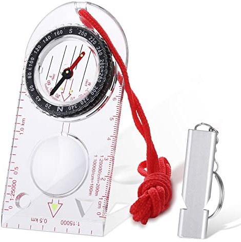 zhibeisai Navigation Compass and Emergency Whistle, Clear for Explorer Expedition Camping, Hiking, Survival Mountaineering Navigation, Waterproof Orienteering Travel with Lanyard, 12