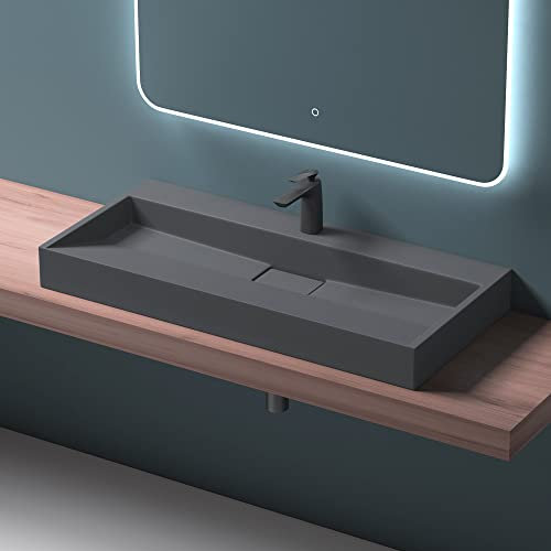 Mai & Mai Lavabo sobre Encimera Lavabo Suspendido Baño Lavabo | Rectangular | Antracita Mate | Mármol Fundido | 100x46x11cm | 1 Orificio para Grifo con Válvula de Desagüe | Colossum19