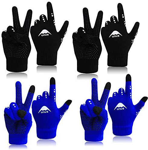 LOVMEAD 4 Paar Kinder Handschuhe Winter Fahrradhandschuhe Strickhandschuhe Touchscreen 4-12 Jahre, Jungen Mädchen Winterhandschuhe Warm Winddicht (Schwarz+Blau)