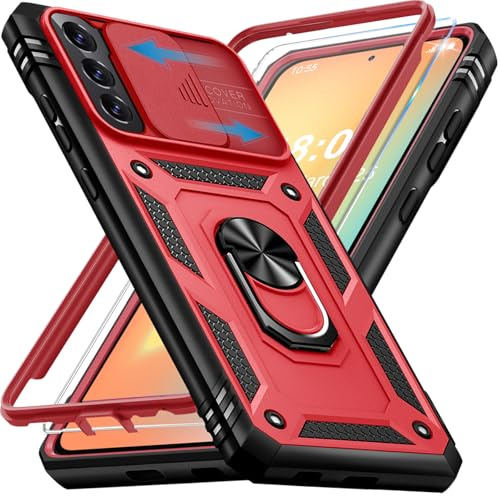Giyer Handyhülle für Samsung Galaxy S21 5G Hülle mit Schutzfolie, Galaxy S21 5G Schutzhülle mit Kameraschutz 360° Drehbarer Metall Ring Ständer Stoßfest Bumper S21 5G 6.2 Case Cover (Rot)