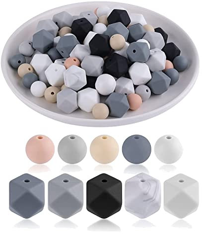 100Pcs Perles de Silicone Rondes et Hexagonales, Kit de en Vrac de Perles de Silicone pour Porte-CléS Bricolage Artisanale