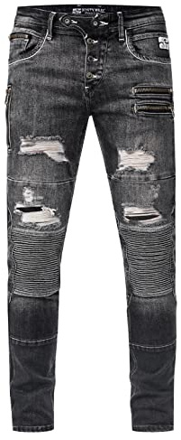 Rusty Neal Herren Biker-Jeans 'Misato' DIE-Absolute-Jeans Slim Fit Stretch Destroyed Biker Zip-Design mit Stylischer Knopfleiste und Kontrast-Naht 241