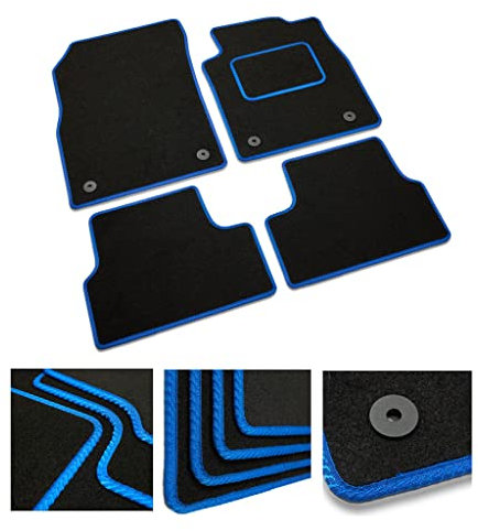 DB Bespoke - Tailored Car Mats - Compatible with Dacia Duster 2018-2020 - Black Carpet - Non-Slip Carpet Mat - 4 pc Complete Car Floor Mats with Velcro clips - Black with Blue Trim