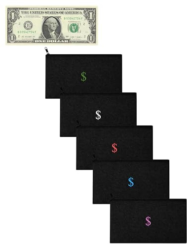 Cash/Money Pouch/Bag 5 Pack Multicolor, Waterproof, 7.7 in x 4.5 in, Perfect Size, Travel Case with Cash Icon/Symbol/Dollar/$ Sign. Cash Organizer. Junk Drawer Organizer. Pencil Pouch with $ Sign