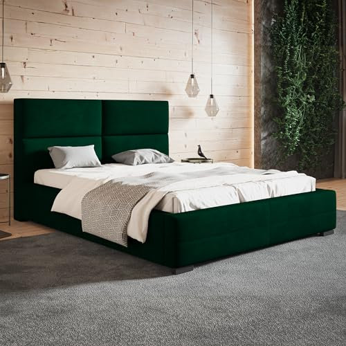 MOTIVENA Malaga Polsterbett 120x200 mit Bettkasten, Bett 120x200 mit Stauraum, Bett Kopfteil Samt, ohne Matratze, Bett Samt, Polsterbett 120x200 Grün Dunkelgrün