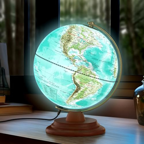 JOWHOL Illuminated Globe of the World with Wooden Stand, 8'' World Globe for Kids & Adults' Learning Built-in LED Night Light, Home Office Classroom Decor Geography Gifts(Elegant Turquoise)