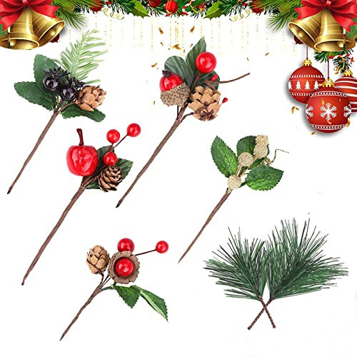 21 Stück Künstliche Weihnachtsbeeren Kleine Künstliche Tannenzweige Roten Beeren Tannenzapfen Stechpalme Zweige Dekorationen für Weihnachtsbaumschmuck, Weihnachtskranz Dekoration