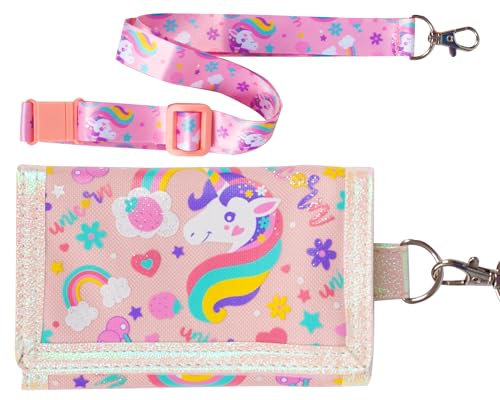 PinkSheep Kinder Geldbörse für Mädchen im Alter von 4-18 Jahren Trifold, Jugend Geldbörse mit Lanyard Zippered Coin Pocket Kartenhalter, Neuheit Geldbörse für Kinder Geburtstag Geschenke - Einhorn