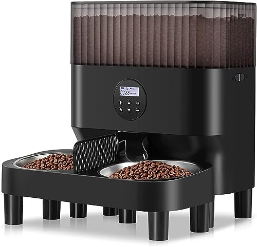 Sailvono Distributeur Automatique de Nourriture pour Chat 5 l, 2 gamelles, Distributeur de Nourriture Intelligent pour Chat/Chien, avec 2 Bols en Acier Inoxydable – Noir