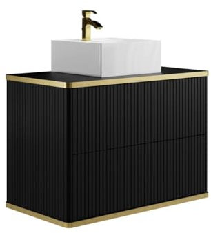 Vente-unique-Mueble de baño Flotante Rayado con Ribete Dorado y Lavabo sobre encimera - Negro - 80 cm - KELIZA