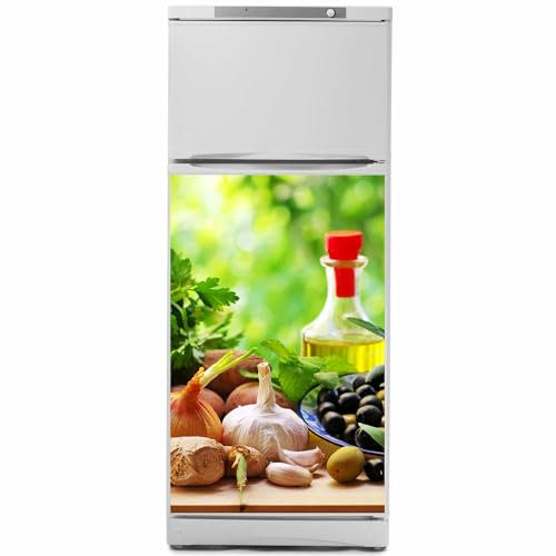 Kiwistar - Film pour réfrigérateur - 200 x 80 cm - Olives méditerranéennes et légumes - Verre stratifié résistant aux rayures - Autocollant pour réfrigérateur - Meubles - Design - Rénovation - Film de