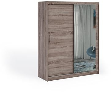 ELUKS OVI Double Sliding Doors Wardrobe with Mirror Furniture for Bedroom Living Room and Hall Wardrobe Organizer Width 100cm/120cm/150cm/180cm/200cm (Sonoma Oak, 150cm+2 drawers)