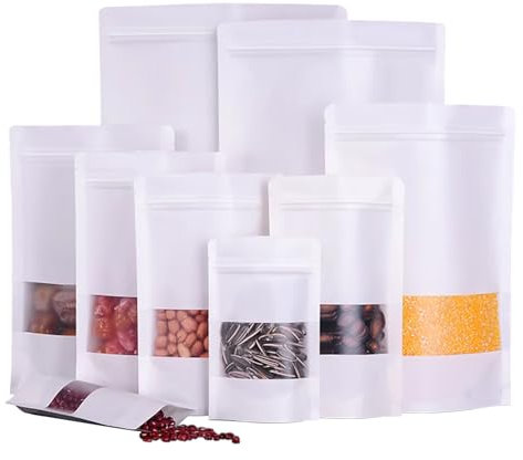 Bolsa Kraft con Ventana, Bolsas Kraft, Bolsas Papel con Ventana, Bolsas Hermeticas, Aplicables para Nueces, Granos de Café, Hojas de Té, Especias, etc. Blanco 14x22cm 50Piezas