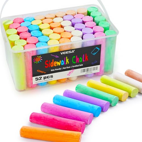 VEESA Washable Sidewalk Chalk for Kids, 52pcs 4” x 1”, 10 Bright Colors